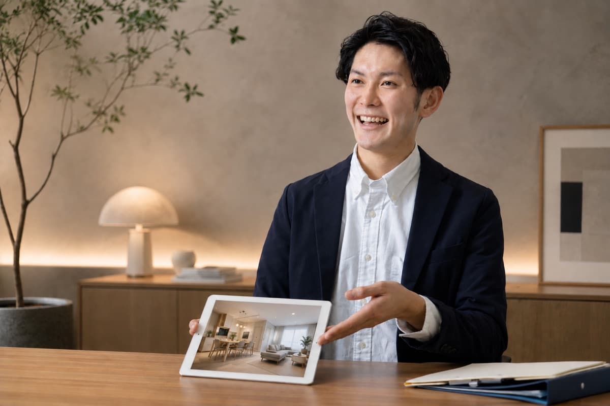タブレットで内装イメージを提示しながら打ち合わせをする担当者