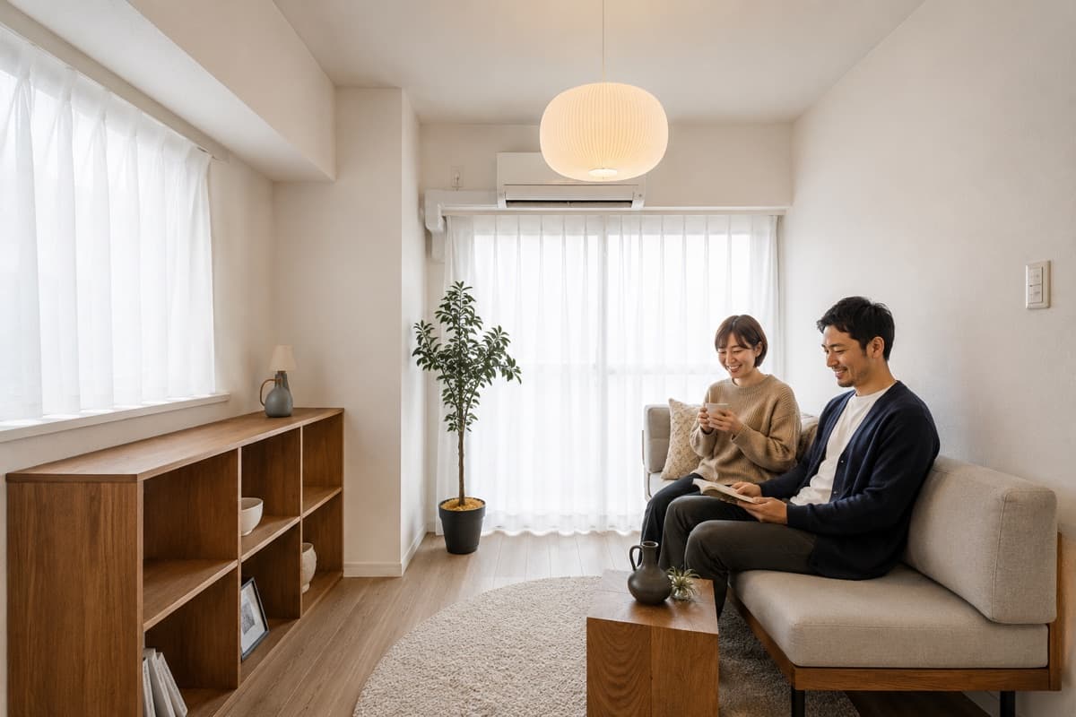 自然光の入るリビングのソファで、くつろいで過ごすご夫婦