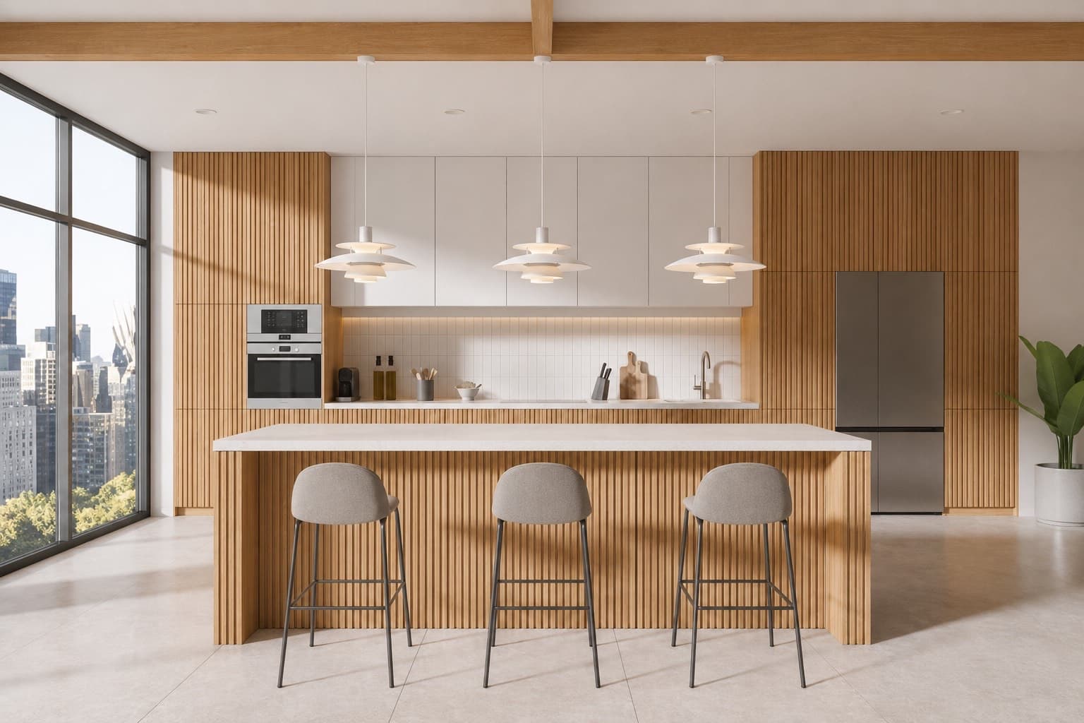 ルイスポールセンの照明とセレクト家具でしつらえた、明るいキッチンのある住まい